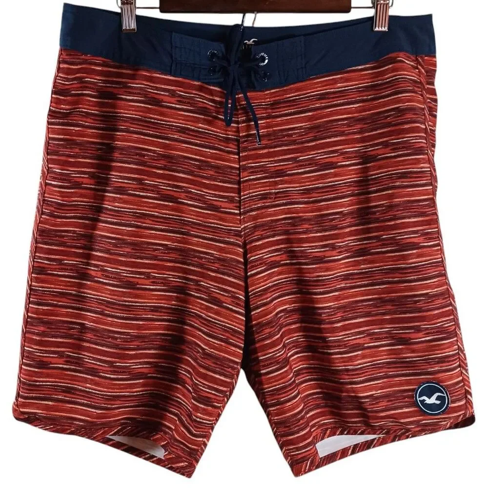 Hollister Men 34 Swim Trunks Board Shorts Red Stripe Drawstring Pocket Surfwear